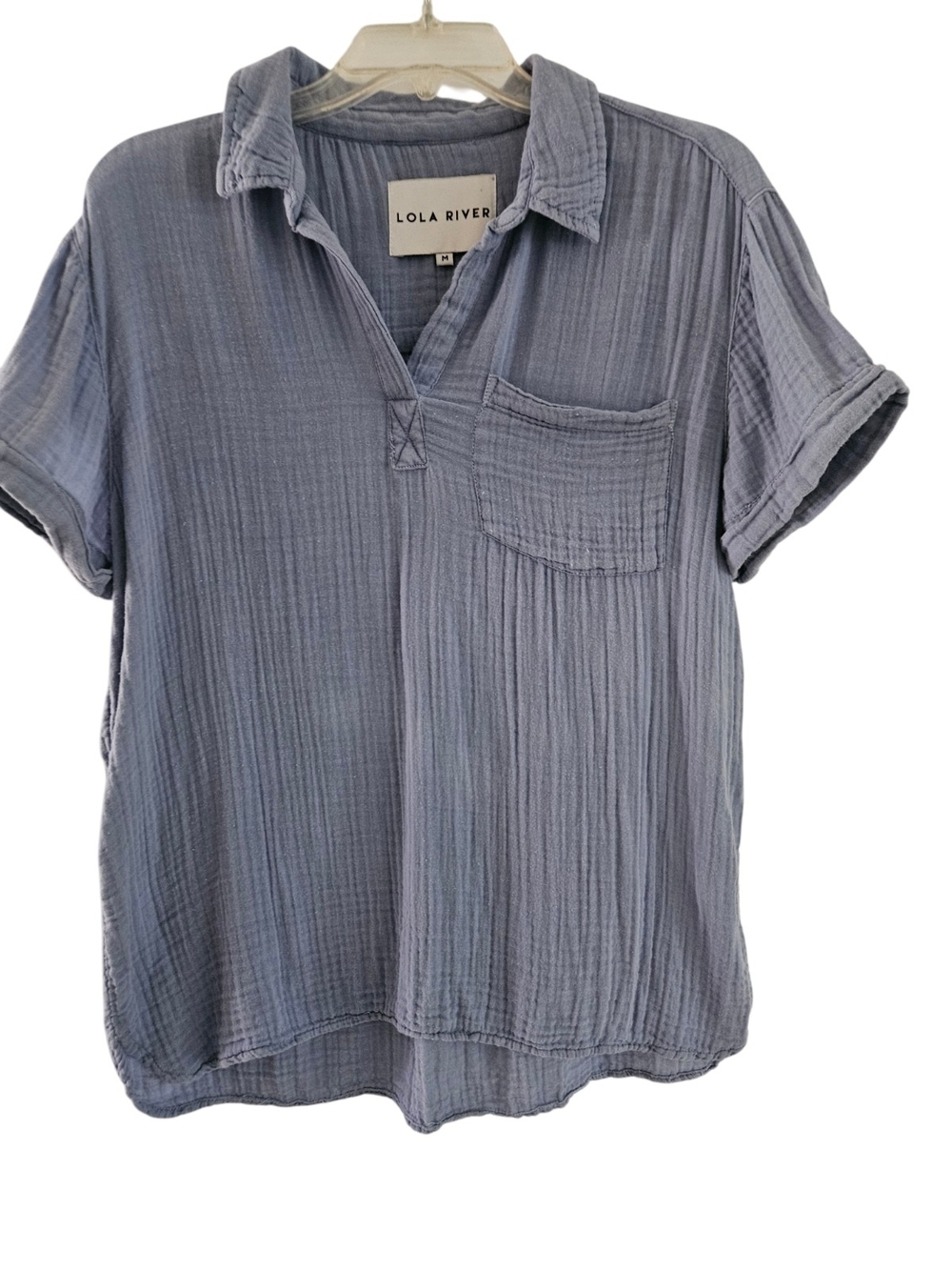 Lola River Camp Shirt Size M Relaxed Blue Pullover V Neck Cotton Top